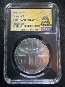 Silbermünze Olympia 1984-D 1 $ NGC GEM Label Don't Tread On Me Patriotic Slab - Bild 1 von 4