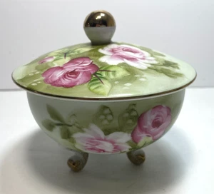 Vintage Lefton Grün Heritage Rosa Rose 3 Fuß bedeckt Süßigkeiten Schale Schüssel 4053 - Bild 1 von 8