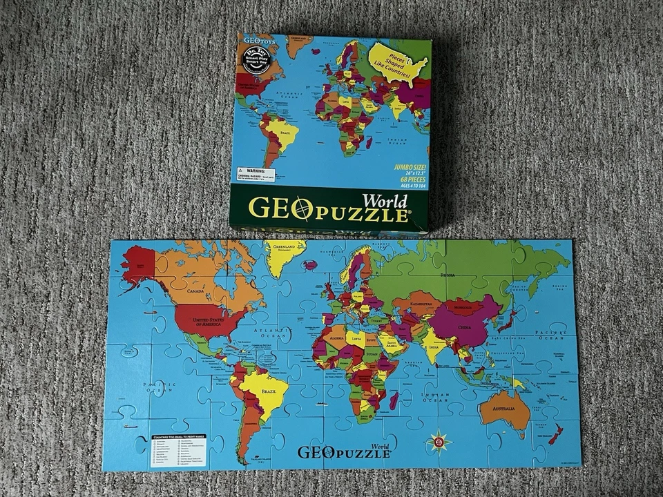 GEOToys World Geo Puzzle 68 Pcs Geography Map 26" x 12.5" Jigsaw Complete  - Image 1 of 4