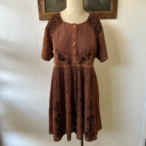 Vintage MPH Bohemian Dress Made In India Women Size Medium Brown Babydoll 90s - Picture 1 of 9