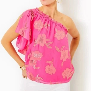 Lilly Pulitzer Sarahleigh One Shoulder Roxie Pink Anniversary Silk Top Size XS - Picture 1 of 9