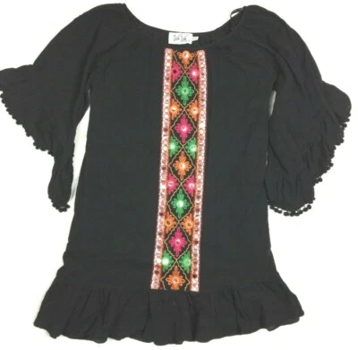 Mini Vestido VaVa Joy Hahn XS Negro Boho Acentos Espejados Mangas Campana Pompones Cortos Foto 1 de 4