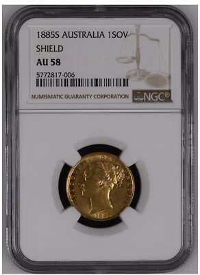 1885 Sidney Australia Gold Sovereign NGC AU 58 Shield Back - Image 1 of 3
