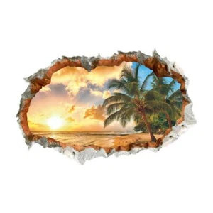 3D Wall Stickers Sunset Beach Palm Tree Window Room Decal Wallpaper Removable - Picture 1 of 9