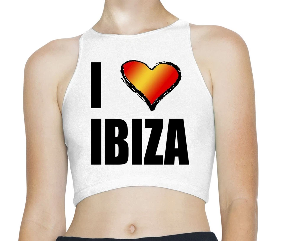 TRIBAL T-SHIRTS I Love Ibiza Holiday Rave Sleeveless High Neck Crop Top