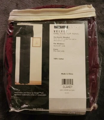 Designables & Decor Velvet One Pole Top Panel Curtain Claret Red 41" x 63" NEW  - Image 1 of 4