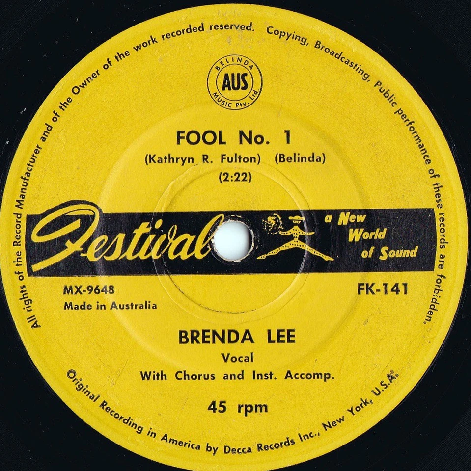 Brenda Lee ORIG OZ 45 Fool No.1 VG+ '61 Festival FK141 Country Ballad - Image 1 of 1