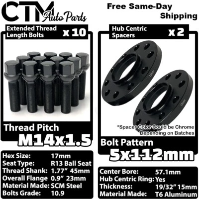 2x 15mm Thick 5x112 57.1mm CB Wheel Spacer Black Bolt Audi McLaren Stock Wheels - Image 1 of 4