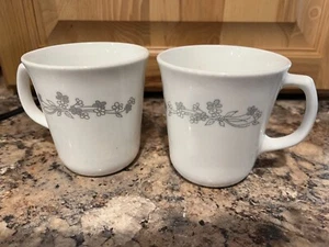 Corelle Mugs Ribbon Bouquet Pattern White with Gray Flowers~~~  Set of 2 - Picture 1 of 1