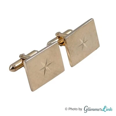 Vintage Swank MCM Diamond Cut Etched Star Rectangular Gold Tone Cufflinks - Image 1 of 4