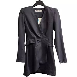 Blazer Zara donna XS blu misto lino lungo strutturato asimmetrico accademia - Foto 1 di 8