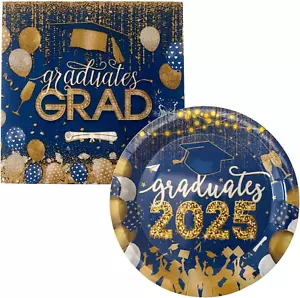 Graduation Party Plates and Napkins Blue and Gold Disposable Paper Plates and Na - Picture 1 of 5