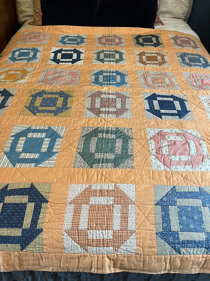 Vintage Handmade Quilt Monkey Wrench Blue & Orange - Image 1 of 4