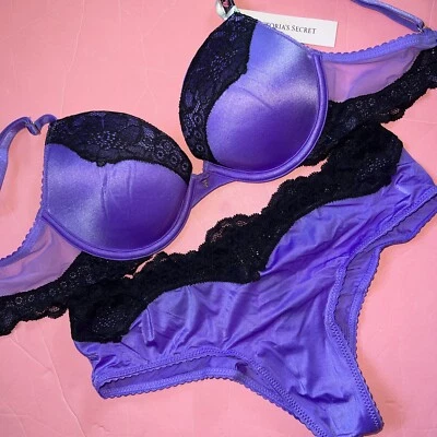 Новый с Ярлыками Victoria's Secret 32B, 34C бюстгальтер комплект S, M трусики фиолетовый черный кружева очень сексуальный - Изображение 1 из 3