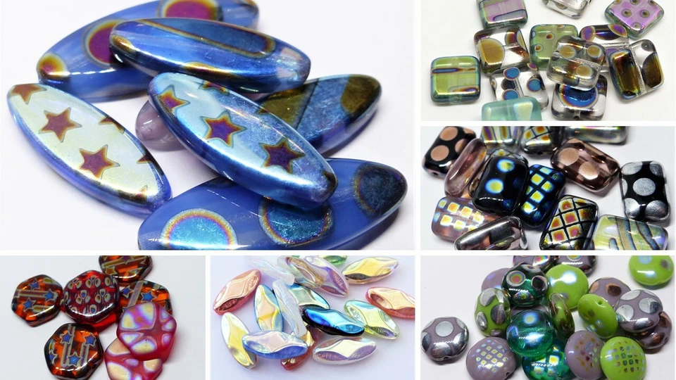 MIX OF PRESSED COATED CZECH GLASS BEADS SQUARE OVAL DROP OBLONG DISC  - Image 1 of 1