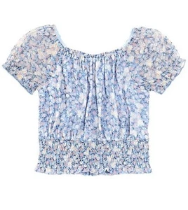 NEW In Girl Top Coastal Cottage Blue Feminine Floral Mesh Smocked Waist Preppy - Picture 1 of 5