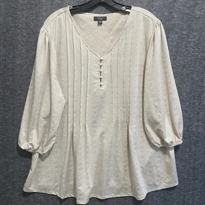 Cocomo Woman Top 2X Beige Pintuck Stretch V Neck Popover Flowy Blouse Office - Picture 1 of 9