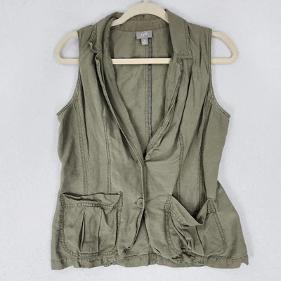 J Jill Vest Womens Small Green Silk Linen Button Front Utility Sleeveless Casual - Image 1 of 4