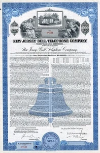 1950 New Jersey Bell Telephone Co Bond Certificate. - Picture 1 of 1