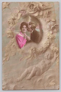 Foto postal antigua de Francia coloreada a mano de hombre y mujer de 1914 - Imagen 1 de 2