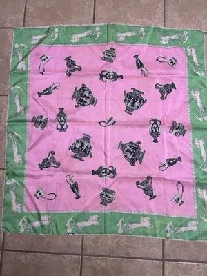 Vintage Grecian Silk Scarf, Pink And Green, Chariots, Grecian Pottery Figures - Image 1 of 4