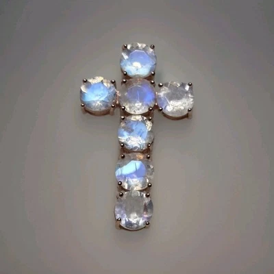 Impresionante Colgante Cruz Piedra Lunar Azul Natural Plata 925 Oro Rosa 1911 Foto 1 de 4