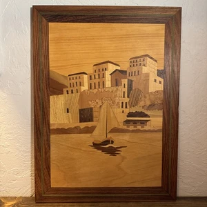 "Arte italiano con incrustación de madera vista costera 11""x15""" - Imagen 1 de 11