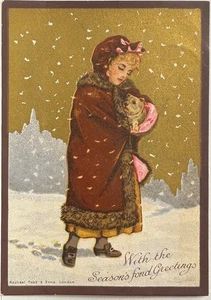 VICTORIAN CHRISTMAS CARD-LITTLE GIRL HOLDS DOG IN SNOW-BY RAPHAEL TUCK w POEM - Picture 1 of 2