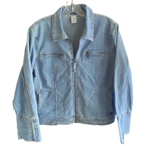 CABI Women's Size M Jean Jacket Zip Front Pockets Cuffs Faded Distressed Boho - Picture 1 of 9