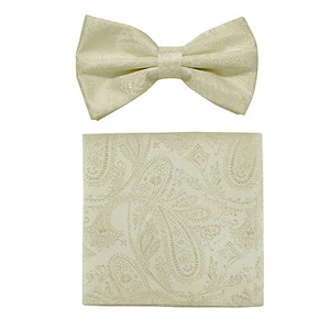 New formal Men's polyester pre-tied bow tie_hankie paisley ivory prom wedding  - Picture 1 of 3