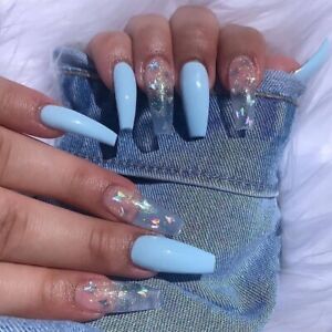 24 Pcs/Set Long Coffin Acrylic Fake Nails Blue Glitter Butterfly Press On Nails