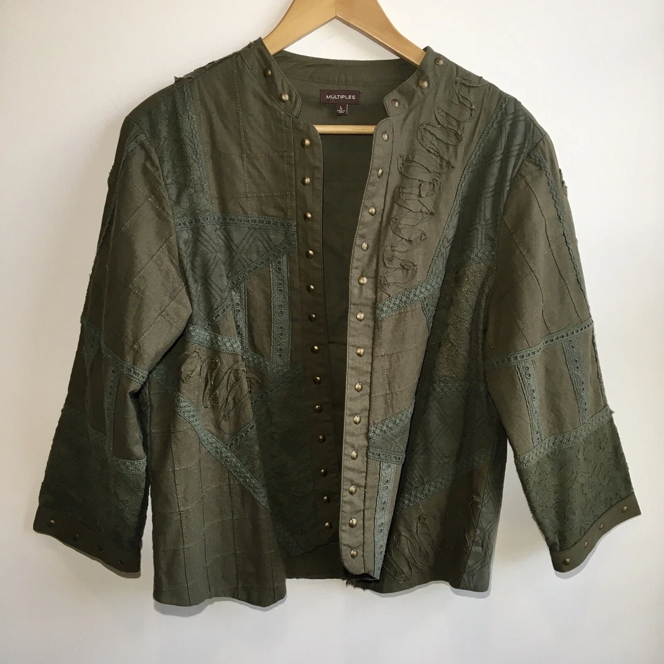 Chaqueta de retazos para mujer talla L verde oliva manga 3/4 frente abierto boho Foto 1 de 4
