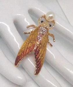 Vintage Cicada Bug Brooch  Enamel,Zirconia Crystal,Gold Tone,Pearl Pin  - Picture 1 of 11