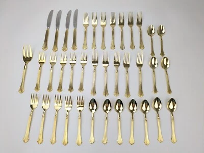 Reed & Barton Vintage Flatware Set Gold Plated "Golden Rosewell" 38pc Stainless - Image 1 of 4