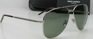 Saint Laurent Classic 11 Aviator Sunglasses Men's Silver Frame Green Lens NEW