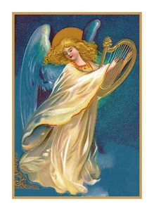 Victorian Vintage Christmas Angel #11 Harp Counted Cross Stitch Chart Pattern - Picture 1 of 4