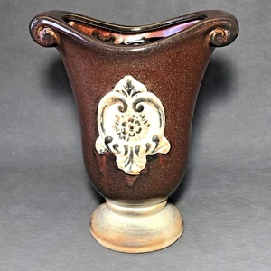 Vintage MCM Keramik Vase braun glasiert geschwungene Griffe Relief große Vase 9" - Bild 1 von 9