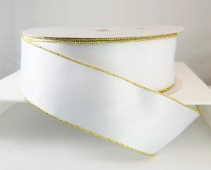 Wire Edged White Satin Ribbon with Gold Edging 2 1/2" 50 Yards - Picture 1 of 2