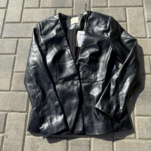 Blazer Elie Tahari nero ecopelle foderato peplo un bottone nuovo con etichette $118 taglia 4 - Foto 1 di 11