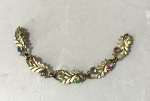 Vintage Coro Multicolor Rhinestone White Enamel Leaf Gold Tone Bracelet - Picture 1 of 7