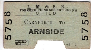 Billete de tren: L.M.S.: Carnforth to Arnside, niño recorte, 1968 - Imagen 1 de 1