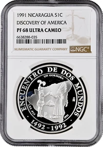 Nicaragua 1 cordoba 1991, NGC PF68 UC, "Ibero-America - Discovery of America" - Picture 1 of 2