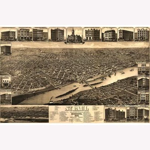 Map of St. Paul, Minnesota 1883; Antique Birdseye Map; Custom Printed - Picture 1 of 11