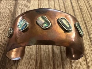 Vintage Handcrafted Artisan Copper Cuff Bracelet with Abalone Shell 1 3/8” Wide - Picture 1 of 4