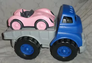 Camion pianale blu giocattoli verdi in ottime condizioni e auto da corsa rosa - Foto 1 di 3