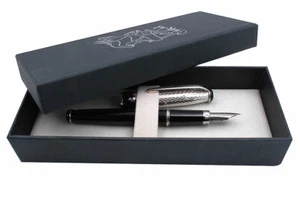 Roma 925 Silver & Black Fountain Pen Black Cartridge Pelikan Type Fine Nib - Picture 1 of 12