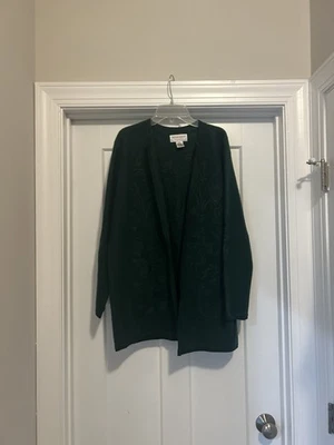 Women's Open Knit Long Cardigan Sweater Embroidered Size Medium Dark Green Wool - Изображение 1 из 4