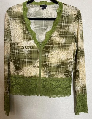 Piano Womens Medium Full Zip Blouse Top Green Plaid Lace Trim Retro Preppy - Image 1 of 4