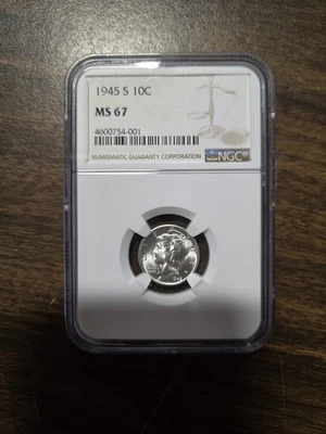 1945 S Mercury Dime ~ NGC MS67 ~ Silver Gem 10c - Image 1 of 4
