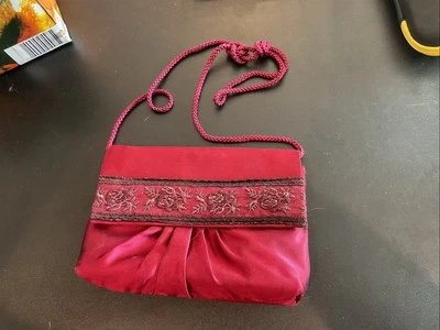90’s Vintage Jessica McClintock Satin BURGUNDY Clutch Purse With Strap - Image 1 of 4